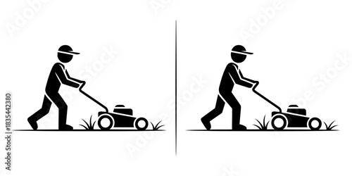 Lawn mowing pictogram silhouette of person mowing grass with machine