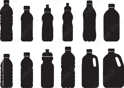  Collection of black plastic bottles in various shapes and sizes, including water bottles silhouette vector