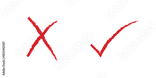 Hand drawn red check mark and cross X sign. Brush stroke right and wrong, correct and incorrect marker symbol vector.