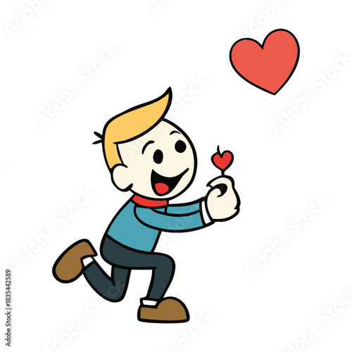 A cute stick-figure scene where one character kneels with a tiny ring, proposing with a big smile, while the other blushes with joy, hearts floating gently around them.”