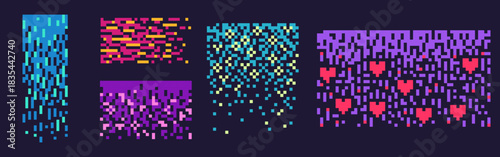 Neon bitmap pixel background set with gradient dither pattern texture - game dot designs in vibrant blue, pink and purple colors with hearts, flowers and geometric 8 bit arrangements on dark surface.