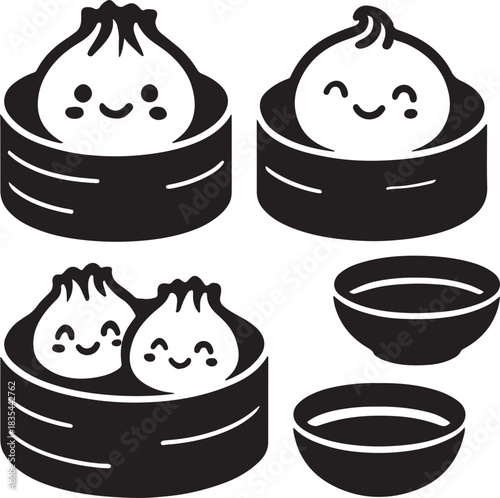 Cute smiling Asian dumplings and dim sum set served in bamboo steamers with dipping sauce bowls on a white background