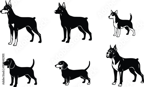 The ultimate vector pack: a massive collection of diverse cartoon puppies, happy adult dogs, and detailed black silhouettes of various popular canine breeds.