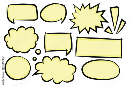 Hand drawn speech bubbles and exclamation point set on white background
