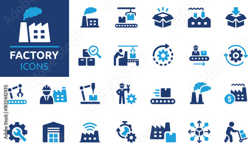 factory, industry, icon, set, collection, manufacturing, production, conveyor belt, box, warehouse, gear, worker, engineer, crane, robot, automation, logistics, supply chain, building, chimney, smoke,