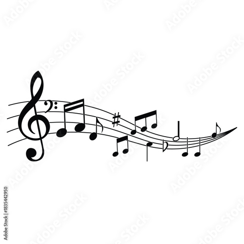 Wavy musical staff with black notes, a treble clef, and a sharp sign symbolizing melody and sound