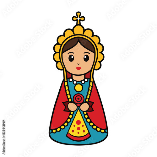 The Virgin of Candelaria shines as a symbol of light and protection, depicted holding the Christ child, guiding believers with grace, hope, and gentle radiance.
