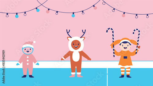 Festive Christmas celebration with cute kids in holiday costumes and candy canes