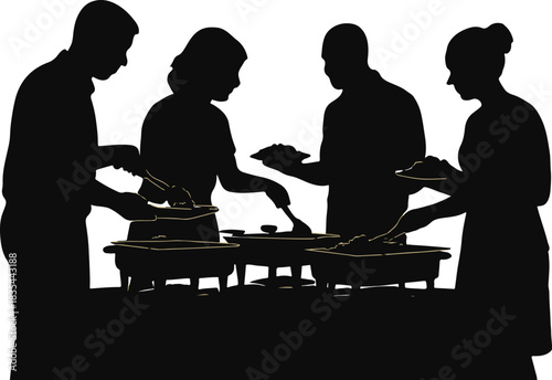 Silhouette of people serving themselves food at a buffet, isolated on the scene captures the communal aspect of sharing a meal together