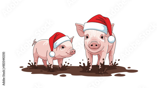 Adorable piglets wearing Santa hats play playfully in the mud for a funny holiday greeting