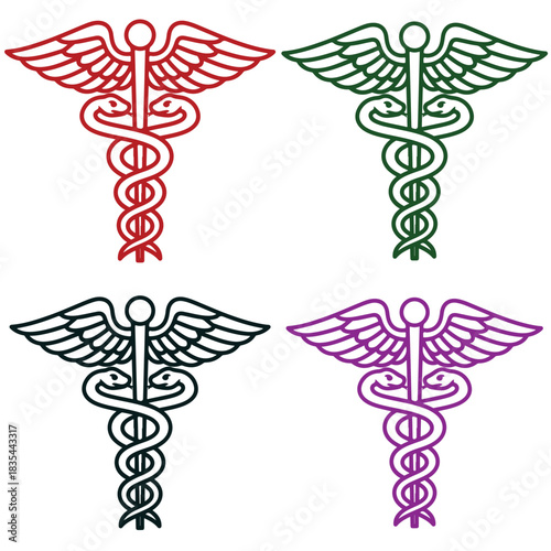 Four caduceus symbols in red green black and purple on a white background medical health care emblem design