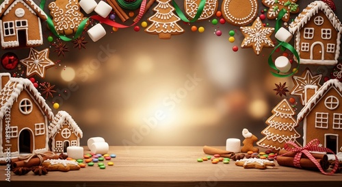Festive kitchen-style background with gingerbread houses, iced cookies, candy sprinkles, marshmallows, cinnamon sticks, and star anise for Christmas and New Year with copy space