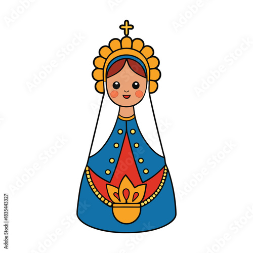 The Virgin of Candelaria shines as a symbol of light and protection, depicted holding the Christ child, guiding believers with grace, hope, and gentle radiance.
