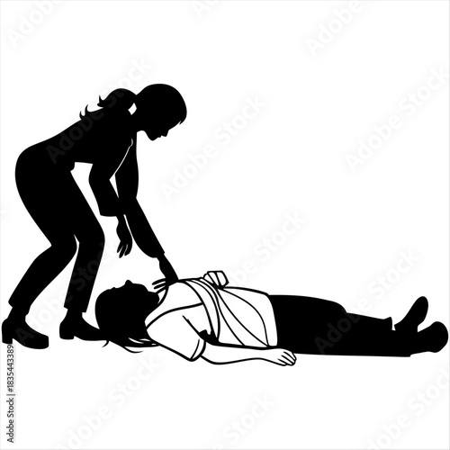 Unconscious woman with injury lying down vector silhouette. Traffic accident car crush patient needs medic help. First aid rescue. Girls needs doctor emergency. Earthquake victim dead family on ground