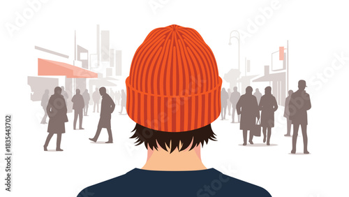Vibrant orange beanie wearer stands out observing busy city street crowd from behind