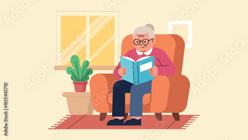 Elderly Woman Engrossed in Reading a Book in Armchair.
