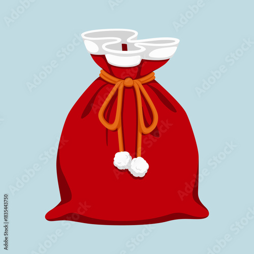 A Santa Claus gift bag illustration in red color, representing Christmas presents and holiday joy. Ideal for Christmas and winter holiday designs such as greeting cards, banners, posters, social media