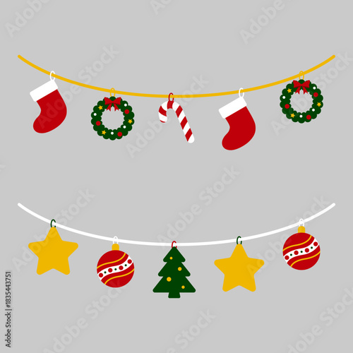 A festive illustration of hanging Christmas decorations with garland ropes, featuring ornaments, stockings, wreaths, candy cane, stars, and Christmas tree. Ideal for Christmas and winter holiday