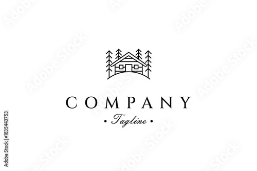 cottage house logo with pine tree in line art design style