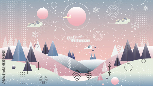 Winter Landscape background, Winter Landscape purple sky with snow on forest pine tree on moutains,Vector Xmas horizon banner Winter wonderland forest,New Year, for, wallpapper, card, banner