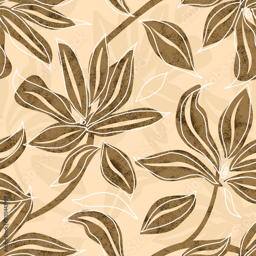 seamless pattern with flowers aotline and silhouette leaves, textured autumn arrangement, fall colors background