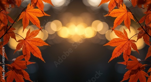 Vibrant autumn maple leaves with soft, warm bokeh lights in a beautiful fall background, creating a cozy and reflective seasonal ambiance, perfect for a peaceful evening or festive decoration