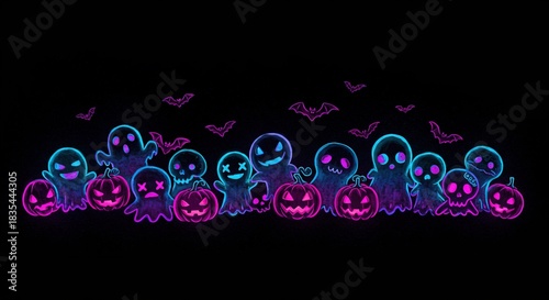 Glowing neon pixel art banner of spooky ghosts, bats, and jack-o'-lanterns for a fun Halloween celebration on a dark background