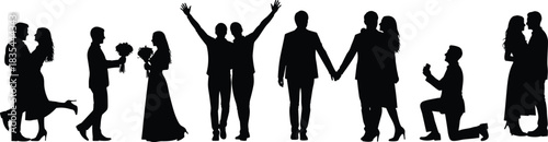 Romantic couple silhouettes, proposal, bouquet, wedding, love moments, relationship poses, celebration, affection, togetherness, emotional connection, flat vector