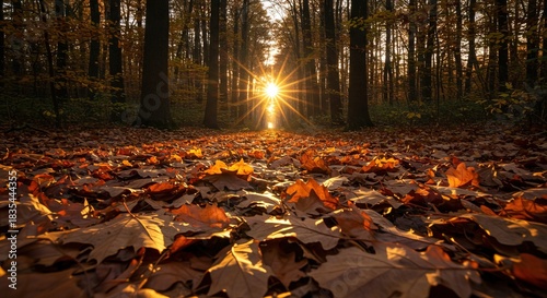 Golden sunbeams piercing through autumn trees, illuminating a carpet of fallen leaves on a forest floor