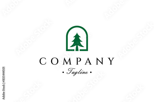 pine or fir tree logo with a window frame combination in a flat vector design style