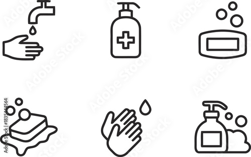 hygiene, hands, practices, design, black, personal, care, disinfection, white, description:, soap, washing, simple, collection, sanitizer, water., medical, being, faucet, graphic, [converted], hygiene
