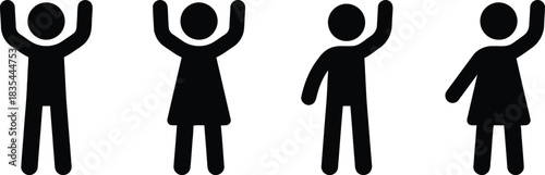stick figure, people, human, icon, symbol, silhouette, man, woman, male, female, group, set, collection, isolated, white background, simple, minimalist, waving, raising hands, standing, figures, chara