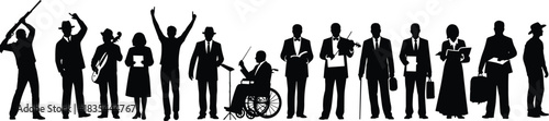 Diverse inclusive workforce silhouettes, business people, disabled individuals, professionals, teamwork, equality, career roles, modern society, accessibility, flat vector