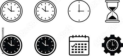 Vector icon set featuring a mix of outline and solid analog clocks, an hourglass, a calendar with a check mark, and a gear with a clock for scheduling and time management.