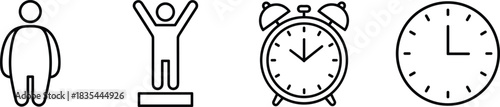 Vector outline icon set featuring symbols for health, weight, personal achievement, a successful winner, an alarm clock, and a simple clock face for tracking goals and schedules.