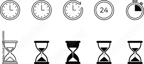 Vector outline and solid icon set featuring analog clocks, a 24-hour service symbol, a stopwatch, and five hourglass designs for concepts related to time, scheduling, and waiting.