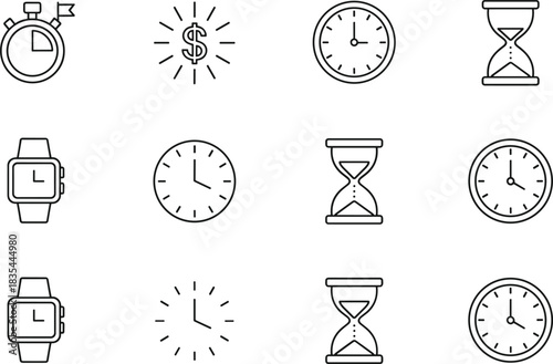 Vector outline icon set featuring various time-related symbols including a stopwatch, analog clocks, an hourglass, dollar sign, and smartwatches, representing finance, deadlines, and scheduling.