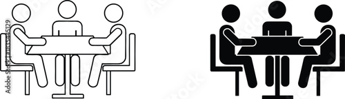 Vector icons featuring three stick figures sitting around a table in both minimalist outline and solid black silhouette styles, symbolizing business meetings, negotiation,