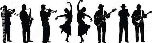 Musical and dance performance silhouettes, brass instruments, guitarists, dancers, stage art, entertainment, live show, expressive motion, flat vector