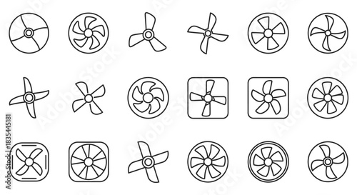 A collection of black and white line art illustrations of various fan blades