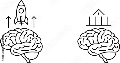 Vector outline illustration featuring a human brain paired with a launching rocket and an architectural structure, symbolizing startup ideas, fast learning,