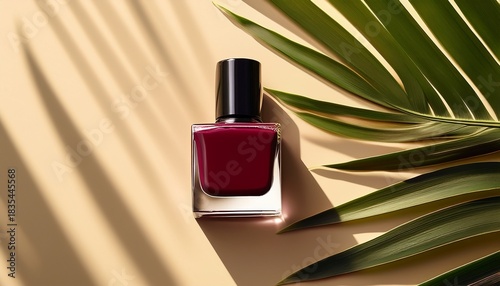 a bottle of burgundy nail polish sits atop a beige surface nestled amongst vibrant green palm fronds soft sun dappled shadows accentuate the design