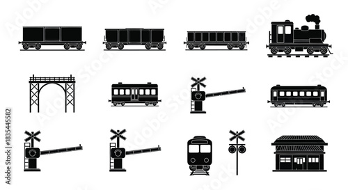 A collection of vintage train cars railway structures and station elements