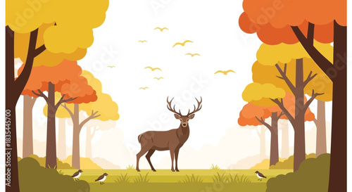 A majestic stag stands amongst vibrant autumn trees and flying birds