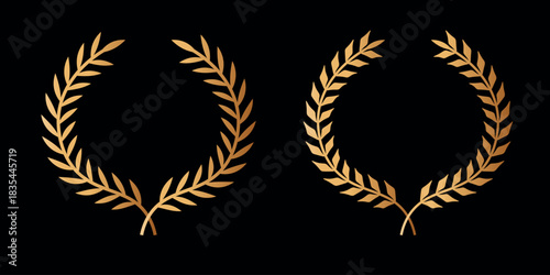 Gold laurel wreath. Golden silhouette laurel foliate wreaths award, achievement, chaplet, heraldry, nobility. Golden leaf silhouette on black background.