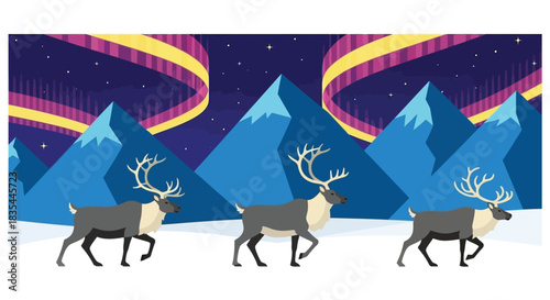 Winter landscape featuring reindeer silhouettes under the colorful northern lights