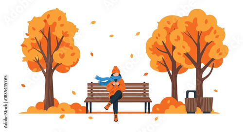 A person sits on a park bench amidst vibrant autumn foliage and trees