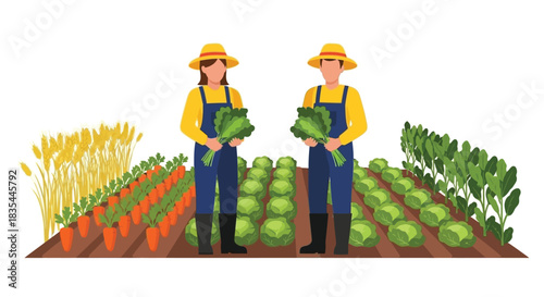 Two farmers holding fresh produce in a vibrant vegetable garden scene
