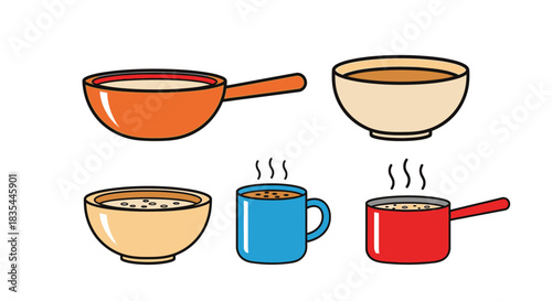 A colorful illustration depicting various hot beverages and soup in containers