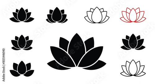 Various lotus flower designs in black white and red outlines